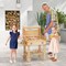 Kids Wooden Barbecue Grill Playset Pretend Kitchen with Food and Wheels-Natural